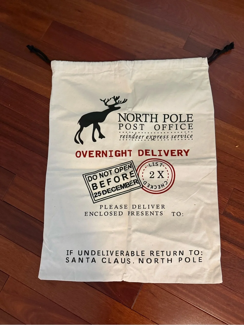Large Santa North Pole Post Office Gifts Presents Bag 25”x19” NWOT